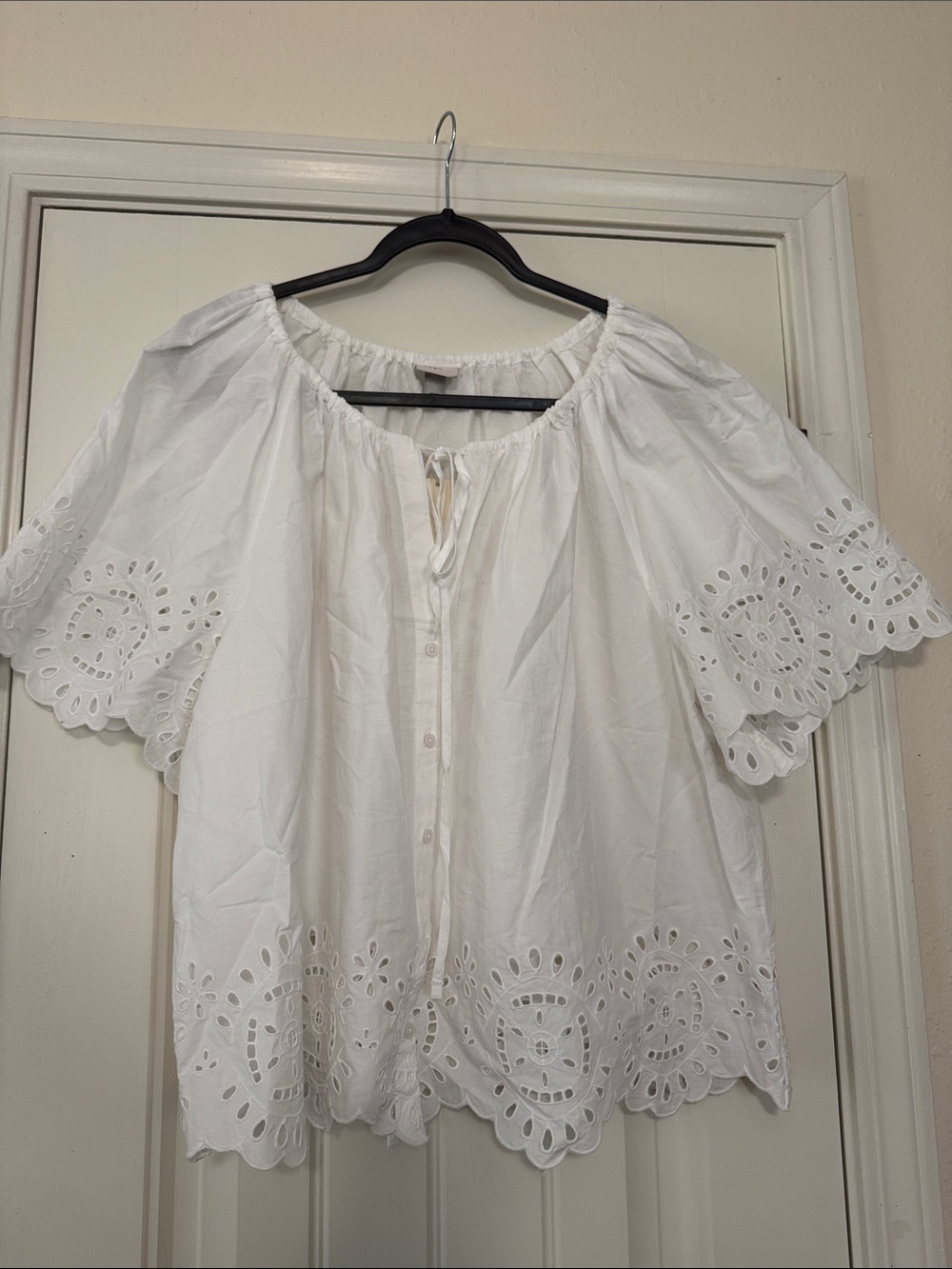 White Eyelet Cotton Peasant Top